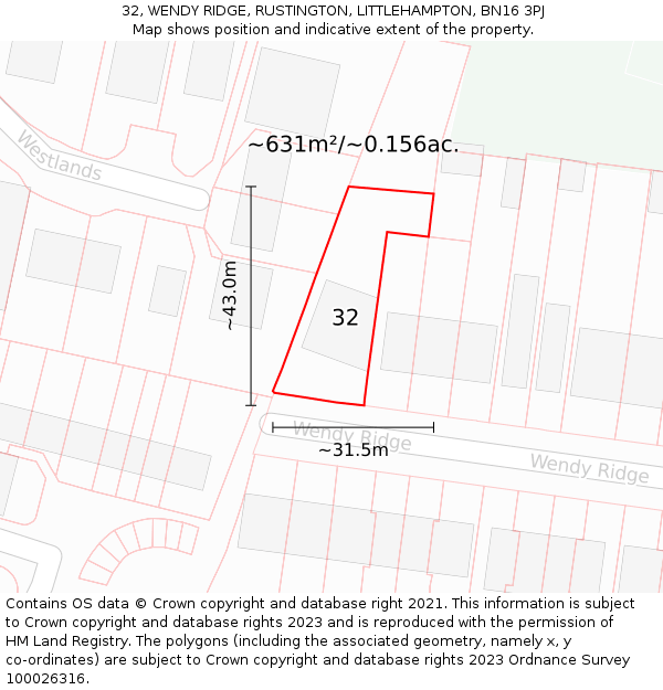 32, WENDY RIDGE, RUSTINGTON, LITTLEHAMPTON, BN16 3PJ: Plot and title map