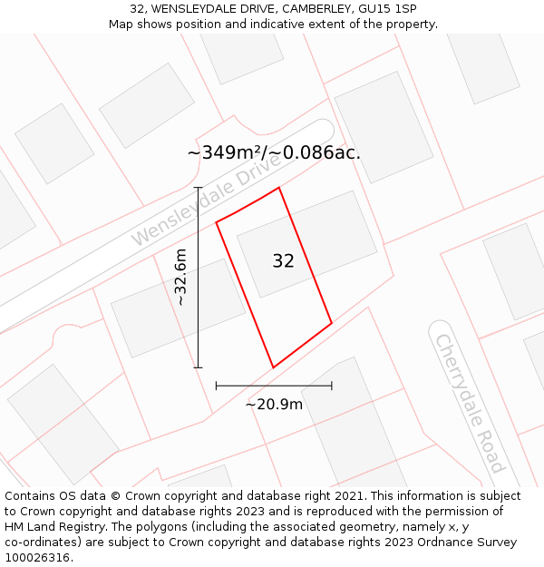 32, WENSLEYDALE DRIVE, CAMBERLEY, GU15 1SP: Plot and title map