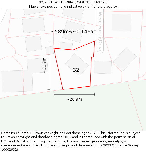 32, WENTWORTH DRIVE, CARLISLE, CA3 0PW: Plot and title map