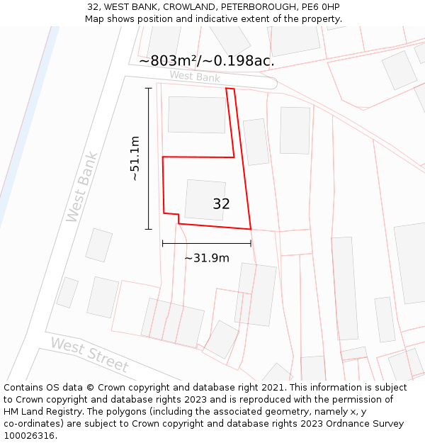 32, WEST BANK, CROWLAND, PETERBOROUGH, PE6 0HP: Plot and title map