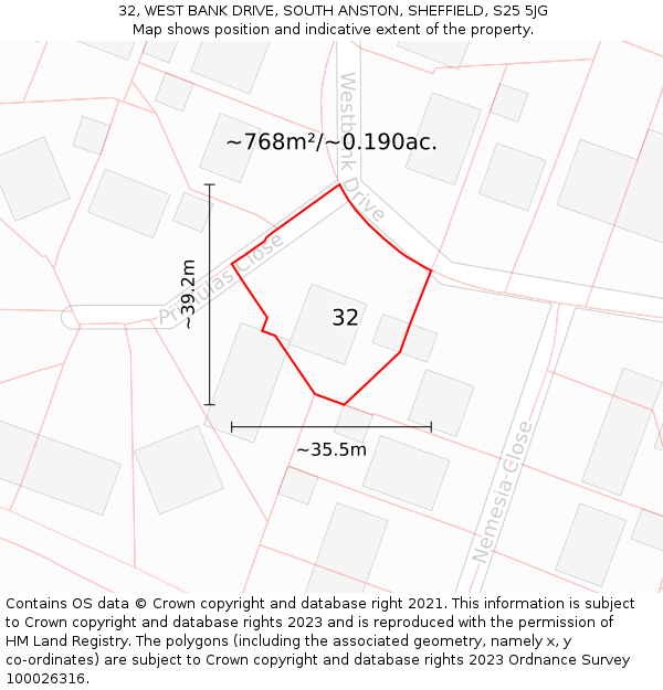 32, WEST BANK DRIVE, SOUTH ANSTON, SHEFFIELD, S25 5JG: Plot and title map