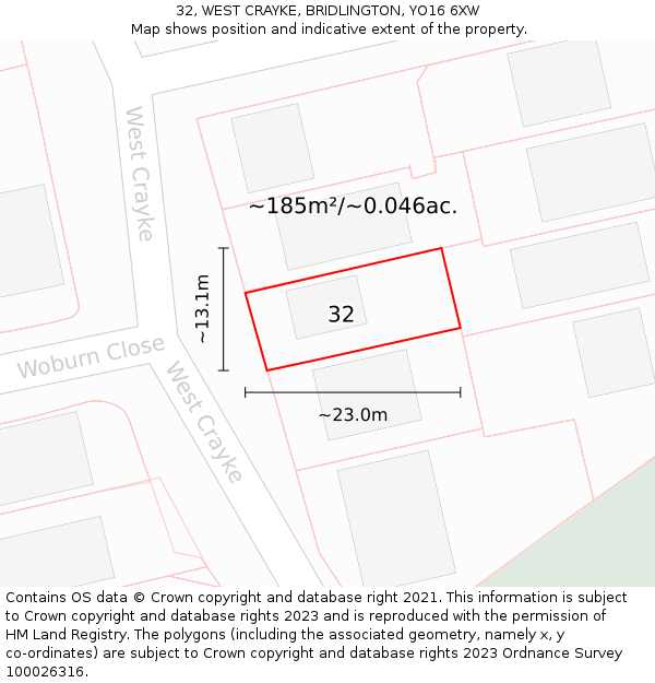 32, WEST CRAYKE, BRIDLINGTON, YO16 6XW: Plot and title map