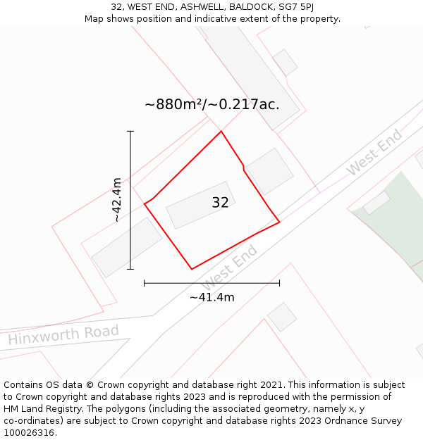 32, WEST END, ASHWELL, BALDOCK, SG7 5PJ: Plot and title map