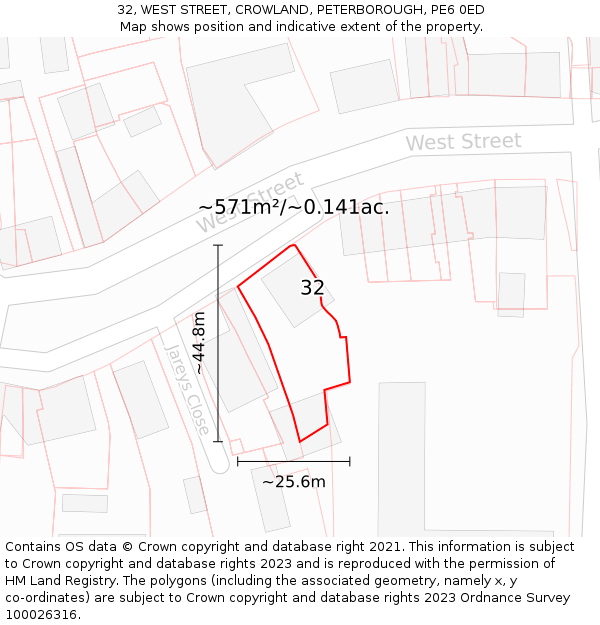 32, WEST STREET, CROWLAND, PETERBOROUGH, PE6 0ED: Plot and title map