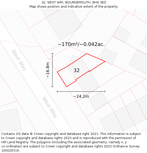 32, WEST WAY, BOURNEMOUTH, BH9 3ED: Plot and title map