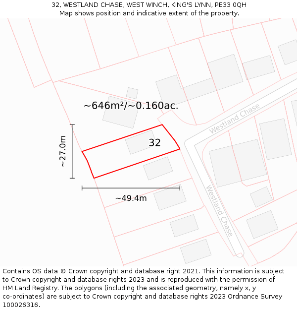 32, WESTLAND CHASE, WEST WINCH, KING'S LYNN, PE33 0QH: Plot and title map