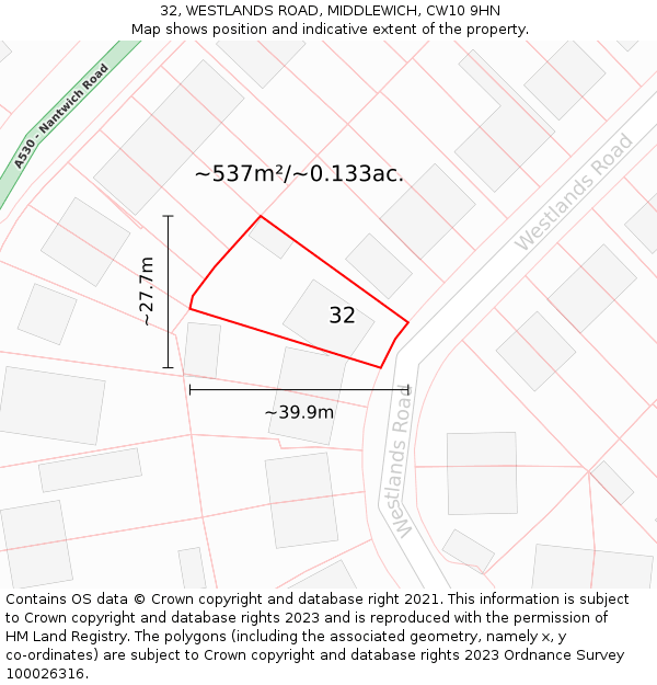 32, WESTLANDS ROAD, MIDDLEWICH, CW10 9HN: Plot and title map