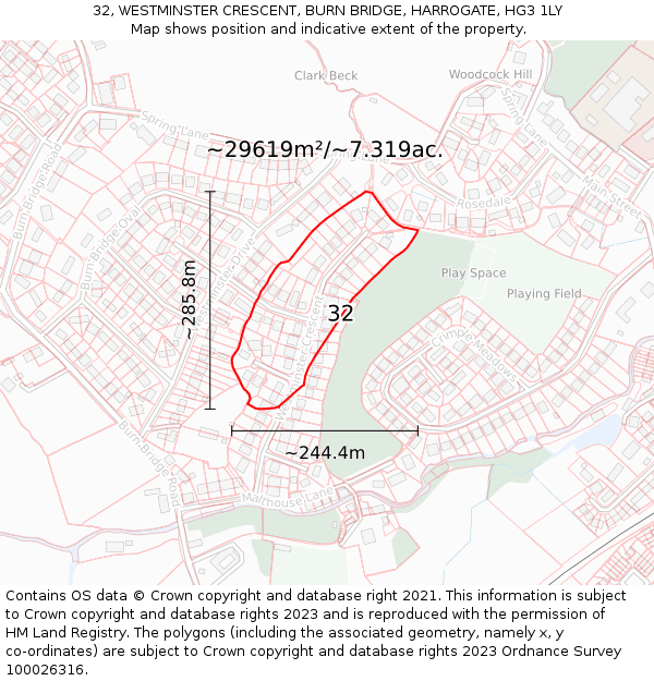32, WESTMINSTER CRESCENT, BURN BRIDGE, HARROGATE, HG3 1LY: Plot and title map