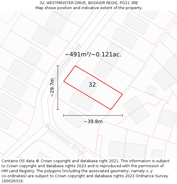 32, WESTMINSTER DRIVE, BOGNOR REGIS, PO21 3RE: Plot and title map