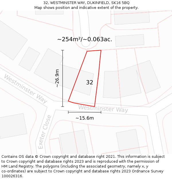 32, WESTMINSTER WAY, DUKINFIELD, SK16 5BQ: Plot and title map