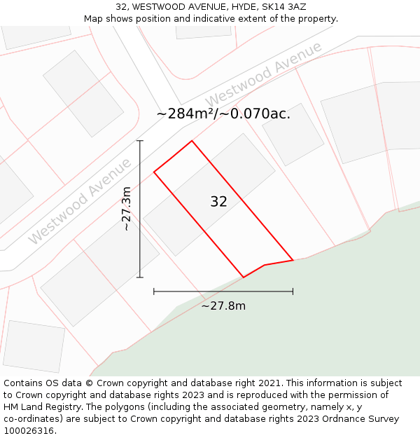 32, WESTWOOD AVENUE, HYDE, SK14 3AZ: Plot and title map