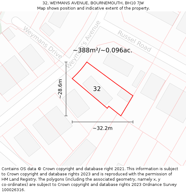 32, WEYMANS AVENUE, BOURNEMOUTH, BH10 7JW: Plot and title map