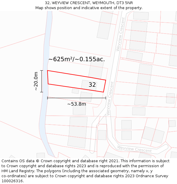 32, WEYVIEW CRESCENT, WEYMOUTH, DT3 5NR: Plot and title map