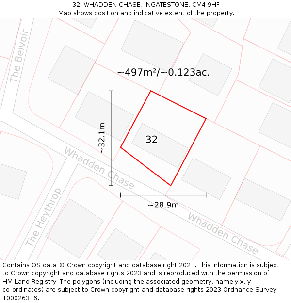 32, WHADDEN CHASE, INGATESTONE, CM4 9HF: Plot and title map