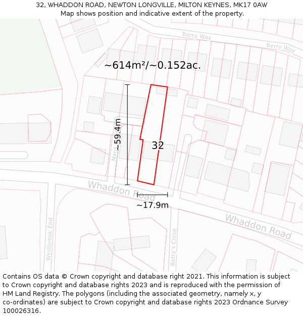 32, WHADDON ROAD, NEWTON LONGVILLE, MILTON KEYNES, MK17 0AW: Plot and title map