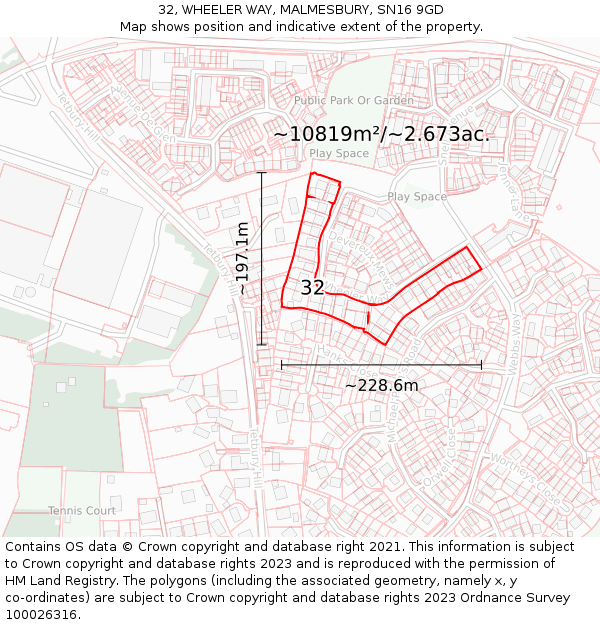 32, WHEELER WAY, MALMESBURY, SN16 9GD: Plot and title map