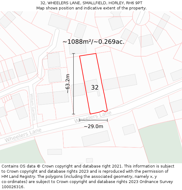 32, WHEELERS LANE, SMALLFIELD, HORLEY, RH6 9PT: Plot and title map