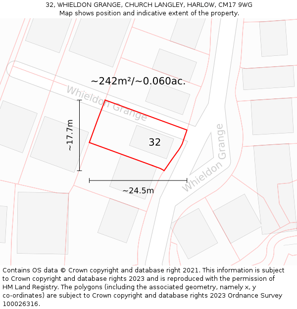 32, WHIELDON GRANGE, CHURCH LANGLEY, HARLOW, CM17 9WG: Plot and title map