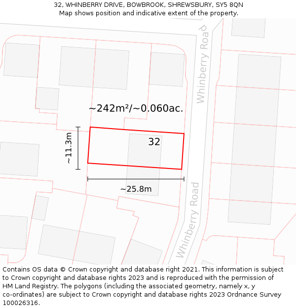 32, WHINBERRY DRIVE, BOWBROOK, SHREWSBURY, SY5 8QN: Plot and title map