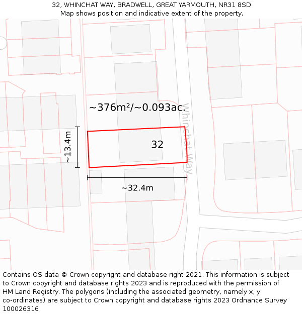 32, WHINCHAT WAY, BRADWELL, GREAT YARMOUTH, NR31 8SD: Plot and title map