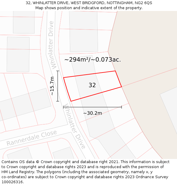 32, WHINLATTER DRIVE, WEST BRIDGFORD, NOTTINGHAM, NG2 6QS: Plot and title map