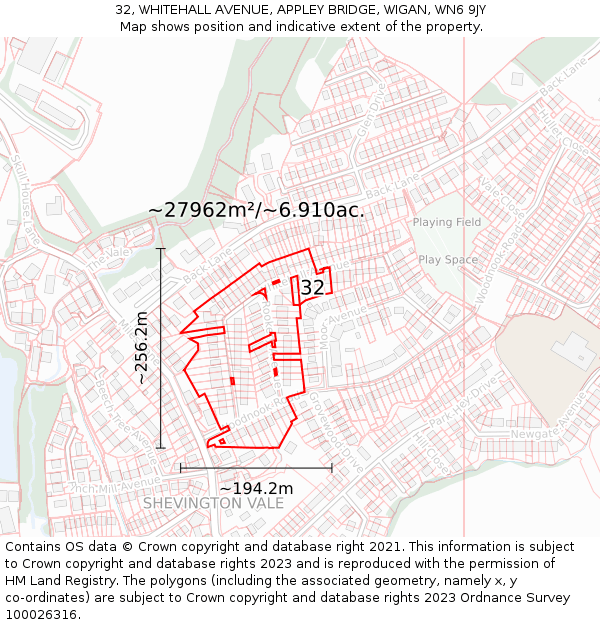 32, WHITEHALL AVENUE, APPLEY BRIDGE, WIGAN, WN6 9JY: Plot and title map