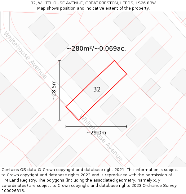 32, WHITEHOUSE AVENUE, GREAT PRESTON, LEEDS, LS26 8BW: Plot and title map