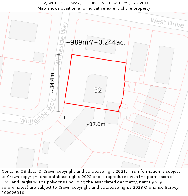 32, WHITESIDE WAY, THORNTON-CLEVELEYS, FY5 2BQ: Plot and title map