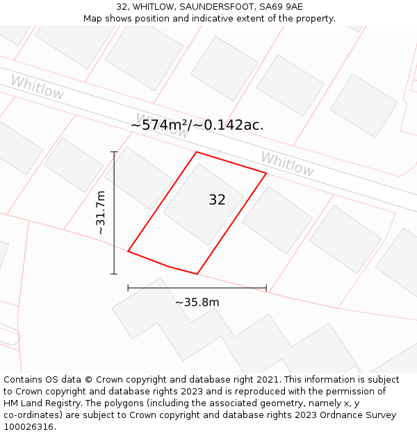 32, WHITLOW, SAUNDERSFOOT, SA69 9AE: Plot and title map