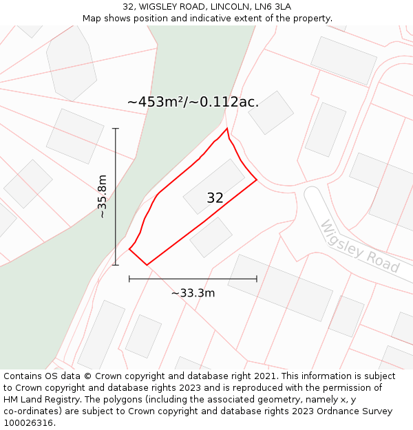 32, WIGSLEY ROAD, LINCOLN, LN6 3LA: Plot and title map