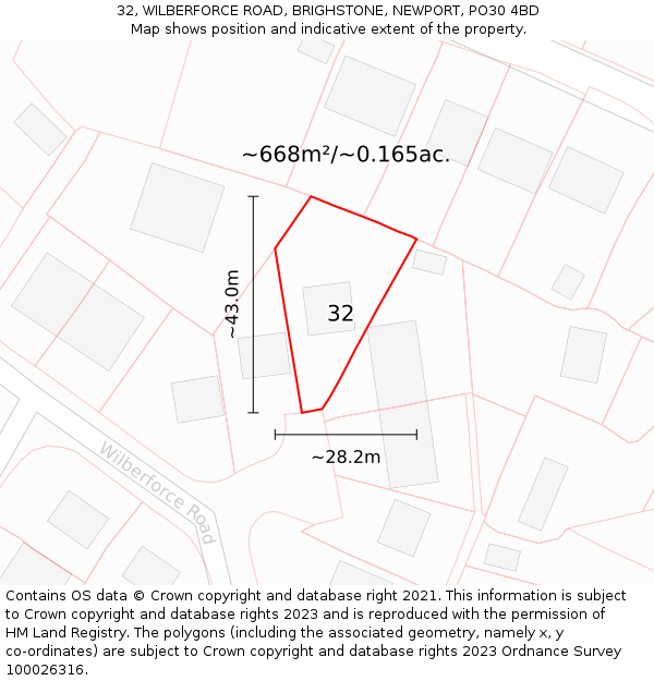 32, WILBERFORCE ROAD, BRIGHSTONE, NEWPORT, PO30 4BD: Plot and title map