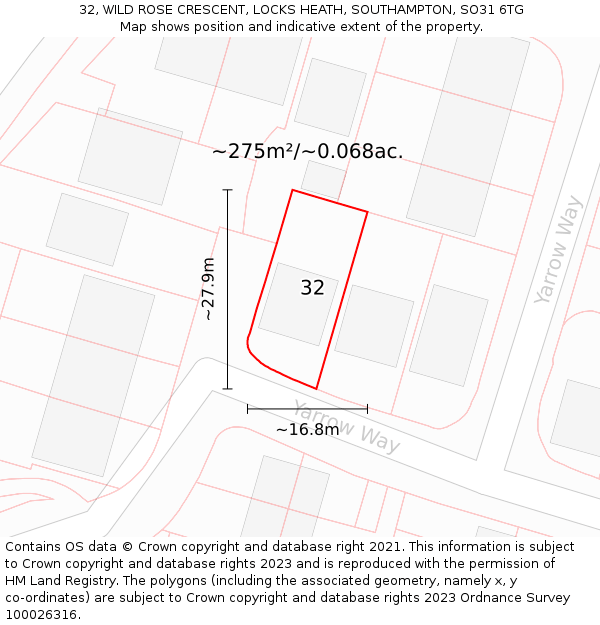 32, WILD ROSE CRESCENT, LOCKS HEATH, SOUTHAMPTON, SO31 6TG: Plot and title map