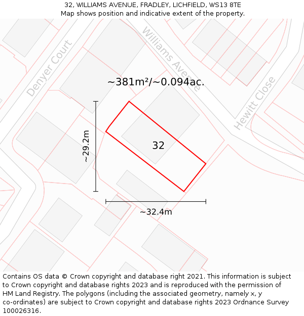 32, WILLIAMS AVENUE, FRADLEY, LICHFIELD, WS13 8TE: Plot and title map