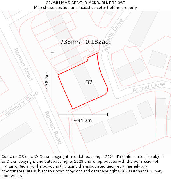 32, WILLIAMS DRIVE, BLACKBURN, BB2 3WT: Plot and title map