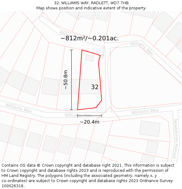 32, WILLIAMS WAY, RADLETT, WD7 7HB: Plot and title map