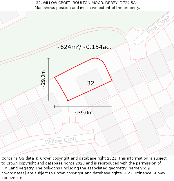 32, WILLOW CROFT, BOULTON MOOR, DERBY, DE24 5AH: Plot and title map