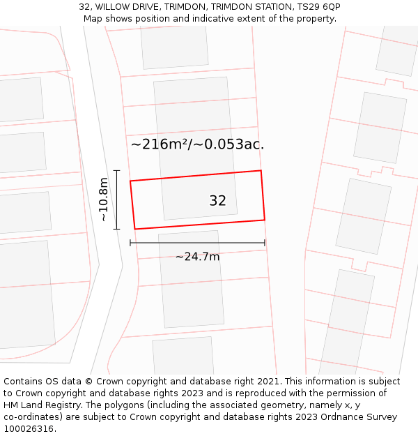 32, WILLOW DRIVE, TRIMDON, TRIMDON STATION, TS29 6QP: Plot and title map