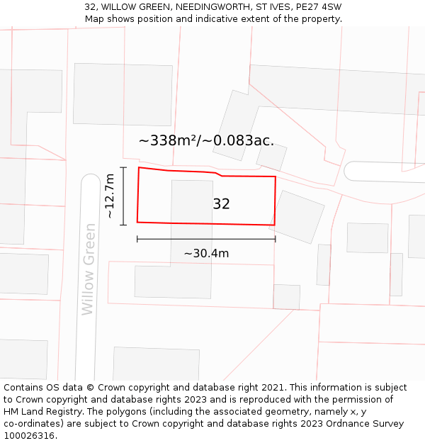 32, WILLOW GREEN, NEEDINGWORTH, ST IVES, PE27 4SW: Plot and title map