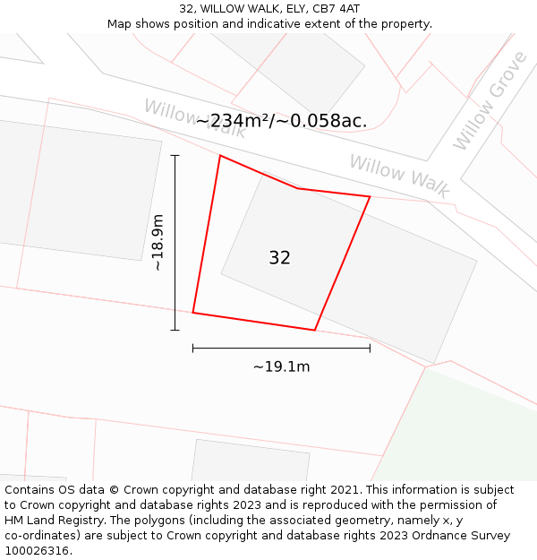 32, WILLOW WALK, ELY, CB7 4AT: Plot and title map