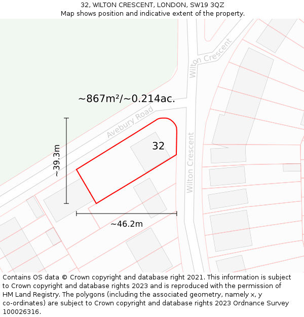 32, WILTON CRESCENT, LONDON, SW19 3QZ: Plot and title map