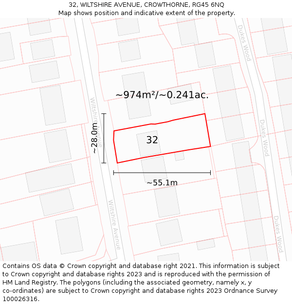 32, WILTSHIRE AVENUE, CROWTHORNE, RG45 6NQ: Plot and title map