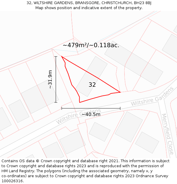 32, WILTSHIRE GARDENS, BRANSGORE, CHRISTCHURCH, BH23 8BJ: Plot and title map