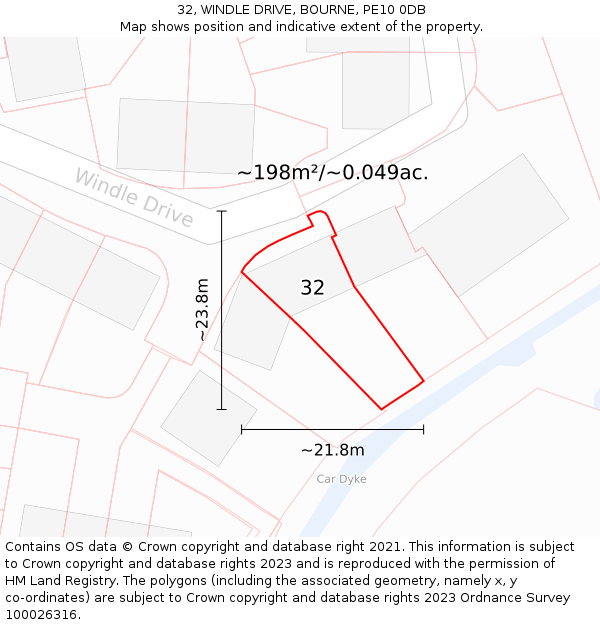 32, WINDLE DRIVE, BOURNE, PE10 0DB: Plot and title map