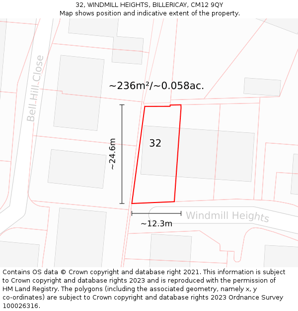 32, WINDMILL HEIGHTS, BILLERICAY, CM12 9QY: Plot and title map