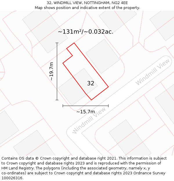 32, WINDMILL VIEW, NOTTINGHAM, NG2 4EE: Plot and title map