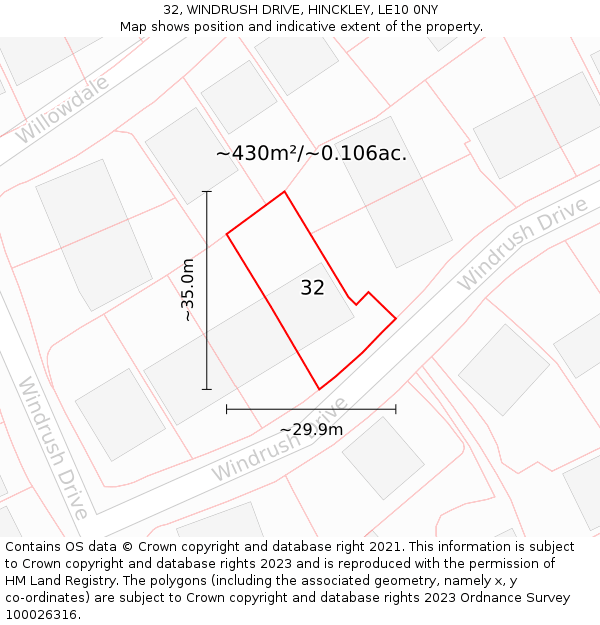 32, WINDRUSH DRIVE, HINCKLEY, LE10 0NY: Plot and title map