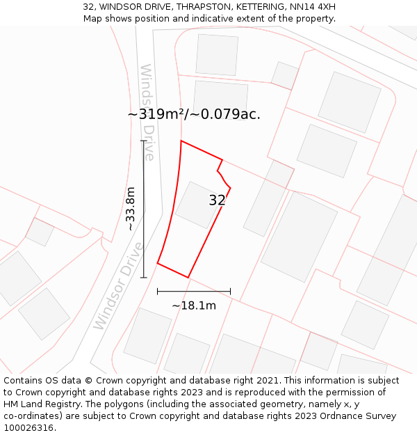 32, WINDSOR DRIVE, THRAPSTON, KETTERING, NN14 4XH: Plot and title map