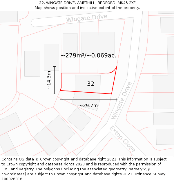 32, WINGATE DRIVE, AMPTHILL, BEDFORD, MK45 2XF: Plot and title map