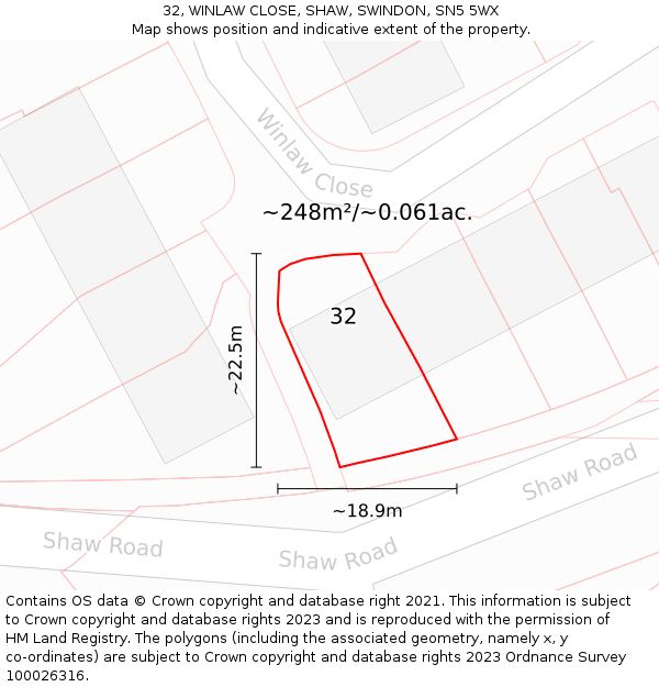 32, WINLAW CLOSE, SHAW, SWINDON, SN5 5WX: Plot and title map