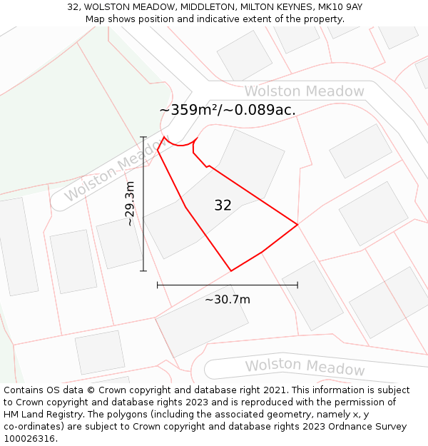 32, WOLSTON MEADOW, MIDDLETON, MILTON KEYNES, MK10 9AY: Plot and title map